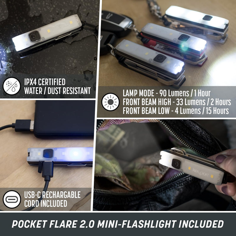 EDC Key Organizer Bundle - Compact Key Holder + Mini-Flashlight + 10-in-1 Keychain Multitool + Lost & Found - Premium Pocket Tool - Unique Gift for Men - Keyport Pivot 2.0 Essential Plus Kit (Silver) Silver