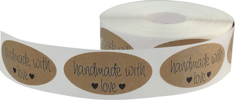 Brown Kraft with Black Handmade with Love Oval Stickers, 2 x 1 Inch in Size, 500 Labels on a Roll