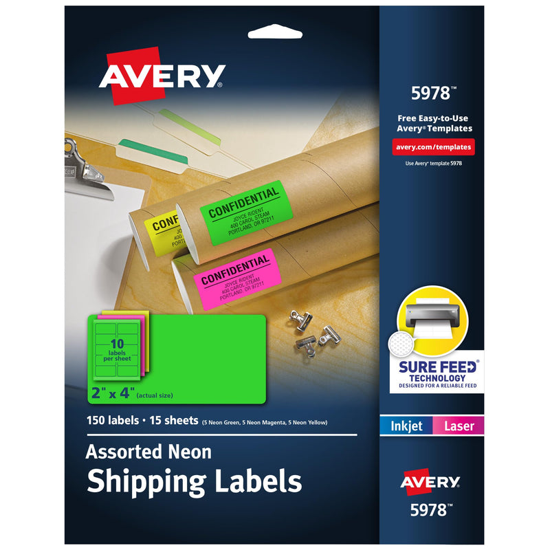 Avery Printable Shipping Labels with Sure Feed, 2" x 4", Assorted Neon Colors (Magenta, Green, Yellow), Laser & Inkjet Compatible, 150 Blank Labels Total (5978) 2 in x 4 in