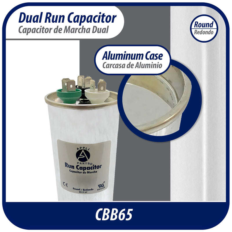 Appli Parts CON-45/10-450 Dual Run Capacitor for ac 45+10 Mfd uF (microfarads) 370VAC or 450VAC Round Universal fit for hvac and other applications 5-3/8 in High 2-1/8 in Wide