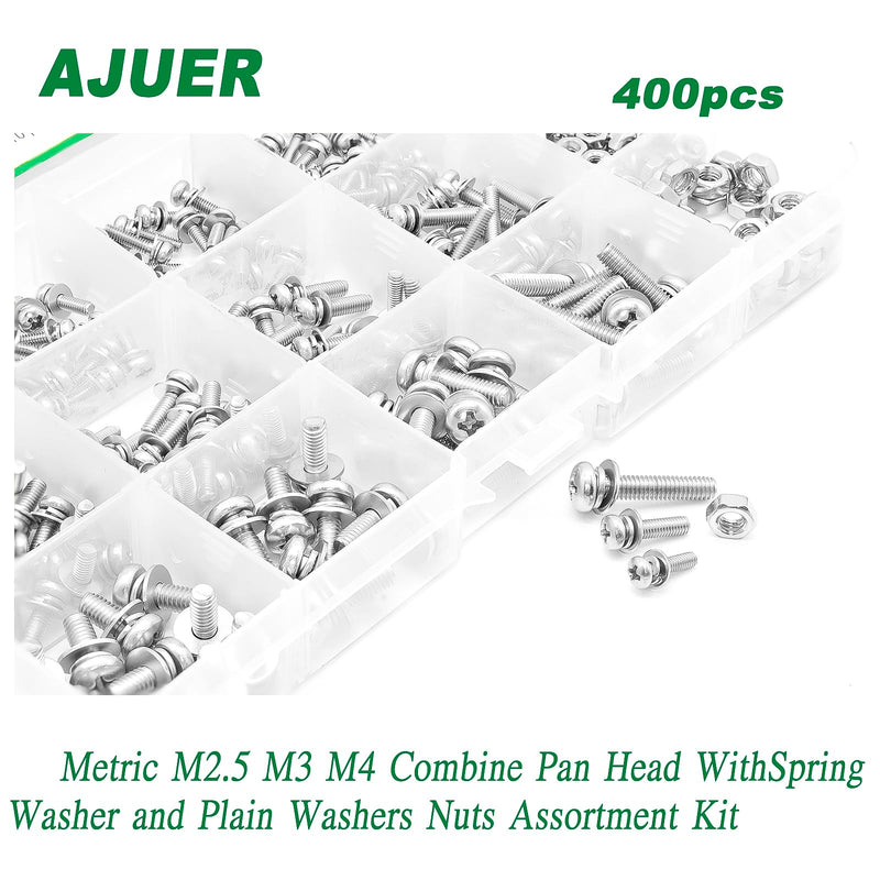 [Australia - AusPower] - Metric M2.5 M3 M4 304 Stainless Steel Phillips Pan Head Machine Screws Bolts Combine with Spring Washer and Plain Washers Nuts Assortment Kit.Bolts and Nuts Washers Assortment Kit sllver 400pcs Phillips Pan Head Combine screws 