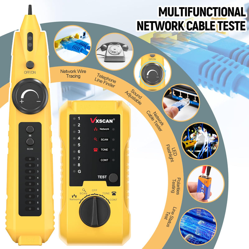 [Australia - AusPower] - Network Cable Tester, VXSCAN Cable Tester Line Finder Wire Tracer for Cat5 Cat6 Test, Ethernet/Telephone Cable with Earphone for RJ11 RJ45 Continuity Checking, LAN Network Cable Collation 