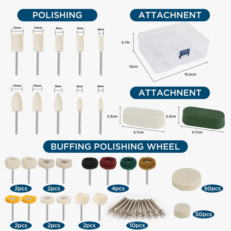 Wool Felt Polishing Discs Polishing Set for Dremel | 136 Pieces Mounted Polishing Attachments with 3 mm Shaft | Includes 2 x Polishing Paste & Storage Box | For Metal, Glass, Jade, Bicycle