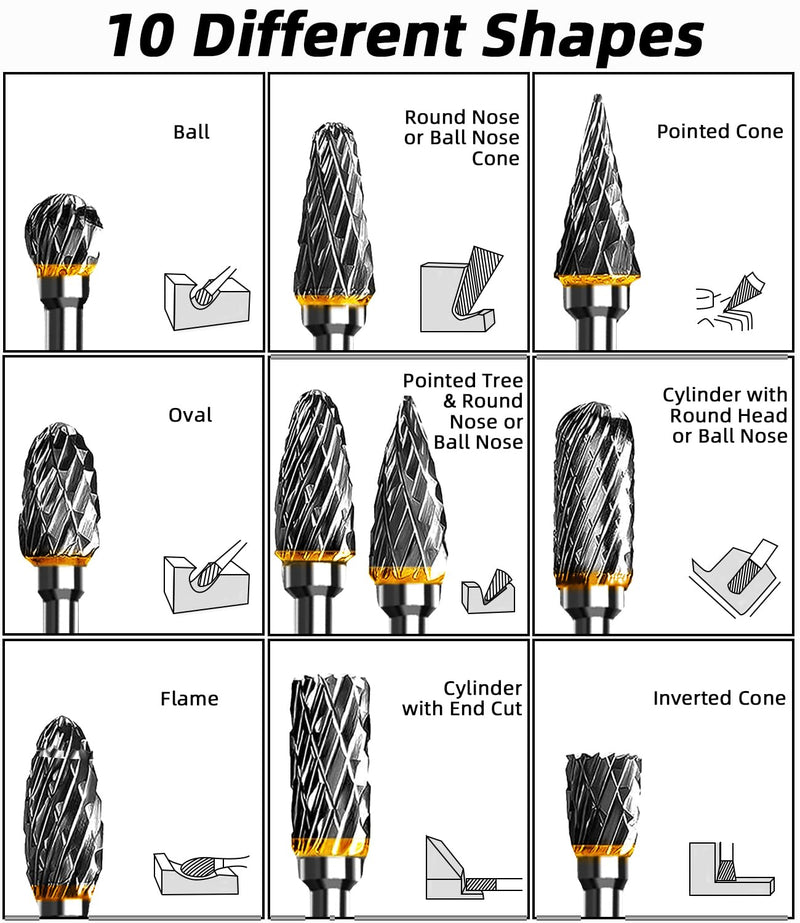 [Australia - AusPower] - Carbide Burr Set for Dremel, 10 Pieces Double Cut Burr with 3 mm Shank Compatible, for Grinding, Carving, Metal Polishing, Engraving, Drilling 