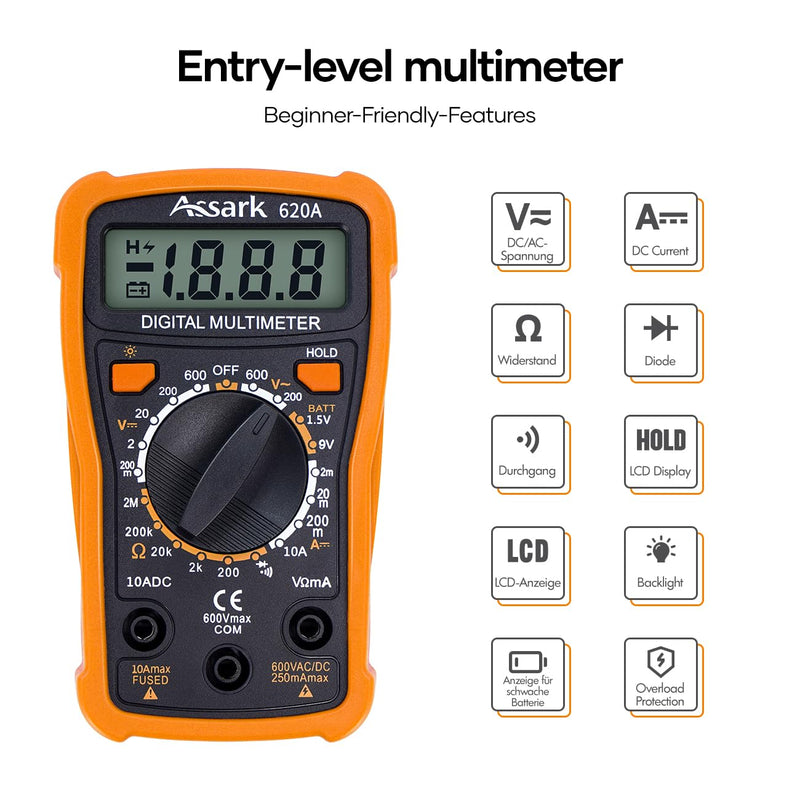 [Australia - AusPower] - Digital Multimeter Voltage Tester, Assark 2000 Counts Multimeter Measure AC DC Voltage DC Current, Meter Tester Test Volt Ohm Amp Diode Continuity,Resistance,Backlit LCD Display,Data Hold Function 