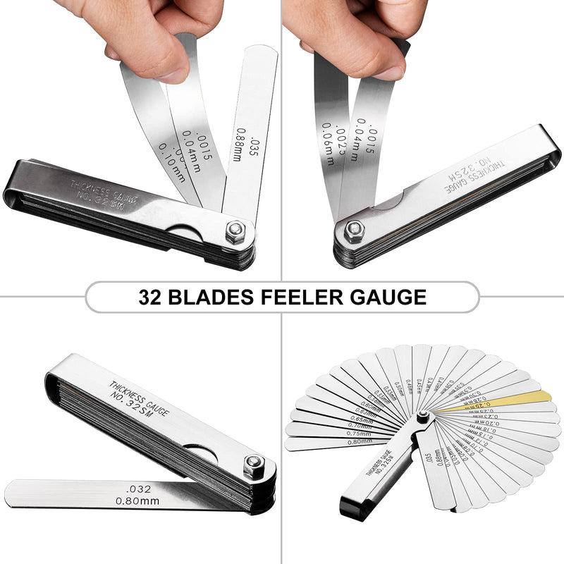 [Australia - AusPower] - Universal Feeler Gauge Set Stainless Steel Thickness Gauge 32 Blades 0.04-0.88 mm (0.0015-0.035 Inch) Metric/Imperial for Measuring Gap Width and Thickness for Guitar, Spark Plug, Piston Measure 