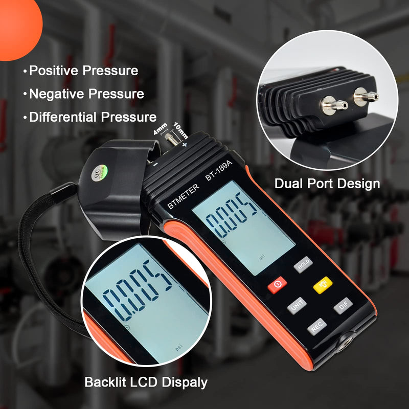 [Australia - AusPower] - BTMETER Manometer HVAC Gas Pressure Tester 189A, Dual-Port Air Pressure Meter Gauge with Hose Kit Measure Static Pressure Differential Gas Pressure for Furnace Water Column Orange 