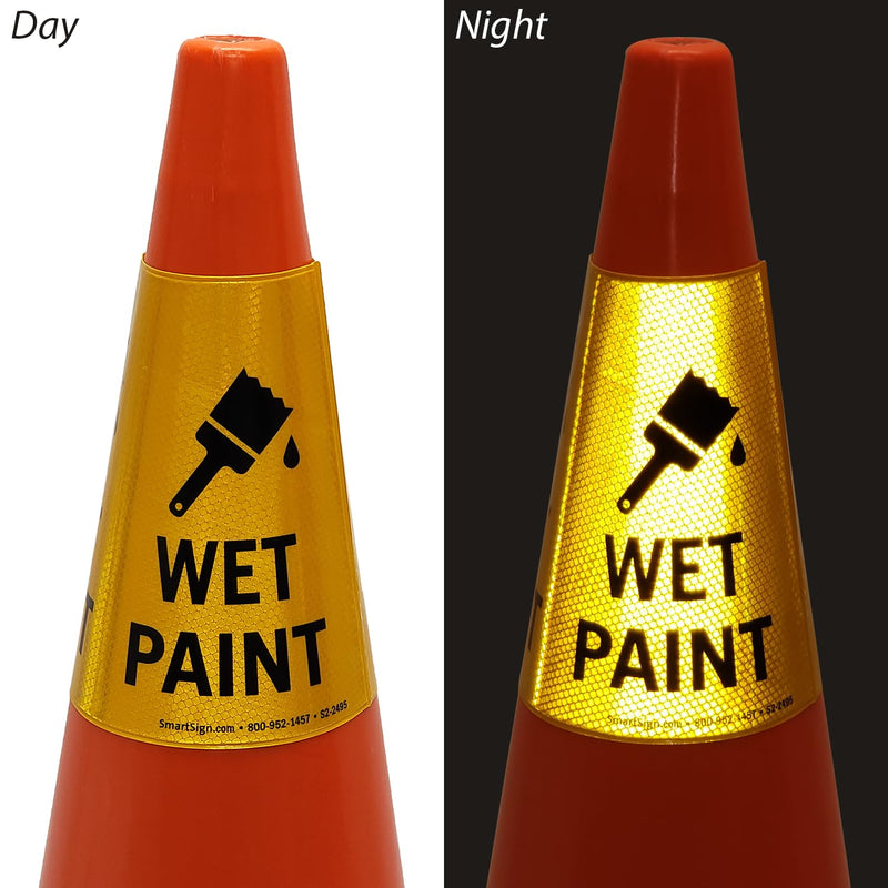 SmartSign 6-Pack "Wet Paint" Reflective Cone Message Sleeve Collar with Symbol, 360-Degree Visibility, Non-Adhesive Vinyl Signs for Traffic Safety Cones, 3-Side Print [Cone Not Included]