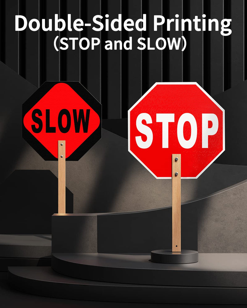 [Australia - AusPower] - Stop Slow Sign, Double Sided Street Slow Warning Reflective Signs, 13x13in Octagon Rust Free Aluminum, with Bamboo Handle, UV Protected and Waterproof, Weather Resistant, Durable Ink, Easy to Mount 