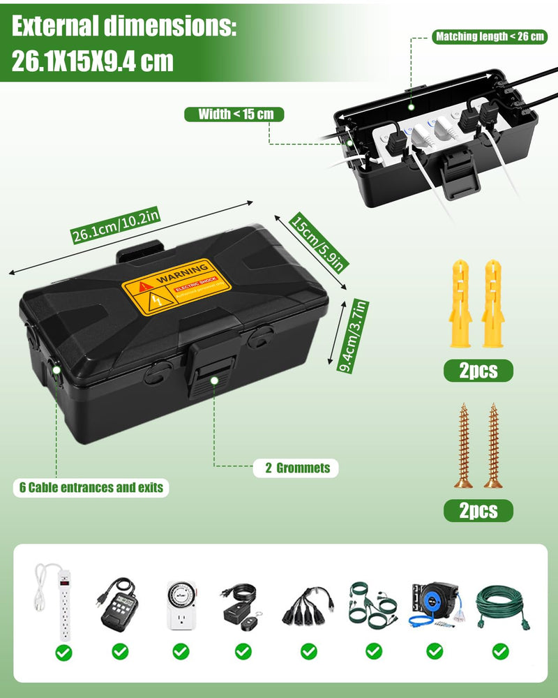 Waterproof Cable Box, 26.1 x 15 x 9.4 cm, Outdoor Cable Safe Box, Cable Box | 6 cable inputs and outputs, weatherproof connection box covers protect socket, timer, holiday light, black Black (black-1)