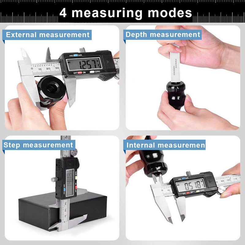 [Australia - AusPower] - Caliper Measuring Tool, Qfun Vernier Digital Caliper Stainless Steel 6 Inch/150mm, Digital Micrometer Waterproof, Easy Switch from Inch to Millimeter, Large LCD Screen IP54-Black 