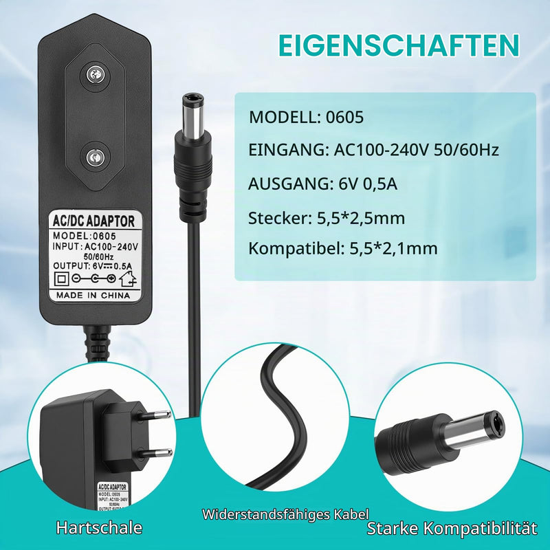 6 V Power Supply Charger for Boso Medicus Blood Pressure Monitors | Suitable for models Control/Prestige/UNO/Family/TB-233C/410-7-150, stable 5.5 x 2.1 mm plug, 1.2 m cable, multiple protection