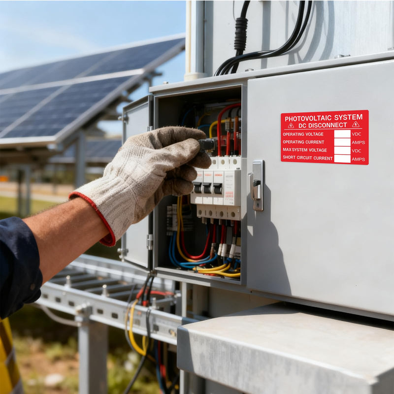 30X Solar Labels Pack - Photovoltaic System DC Disconnect - Operating Voltage VDC - MAX System Voltage VDC - Operating Current AMPS - Short Circuit Current AMPS- UV Resistant Vinyl(4"X 3")