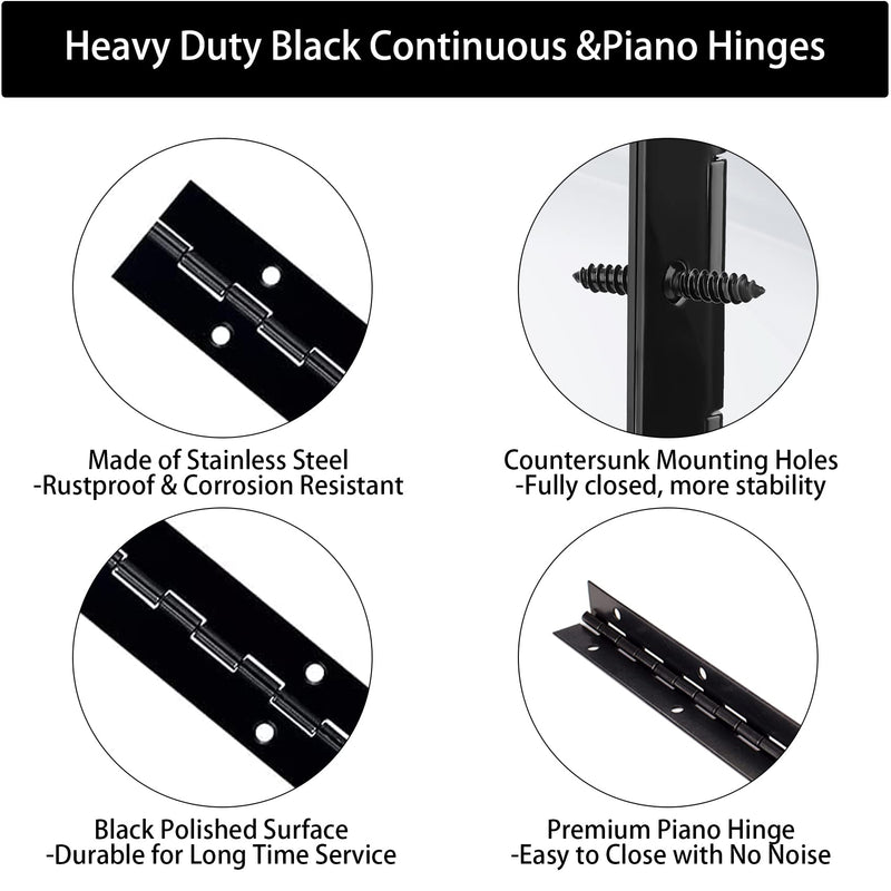 [Australia - AusPower] - 4PCS Black Piano Hinge 12 Inch Heavy Duty Stainless Steel Continuous Hinges with Mounting Screws for Boat Cabinets Storage Box, 0.04" Leaf Thickness 1.2" Open Width 