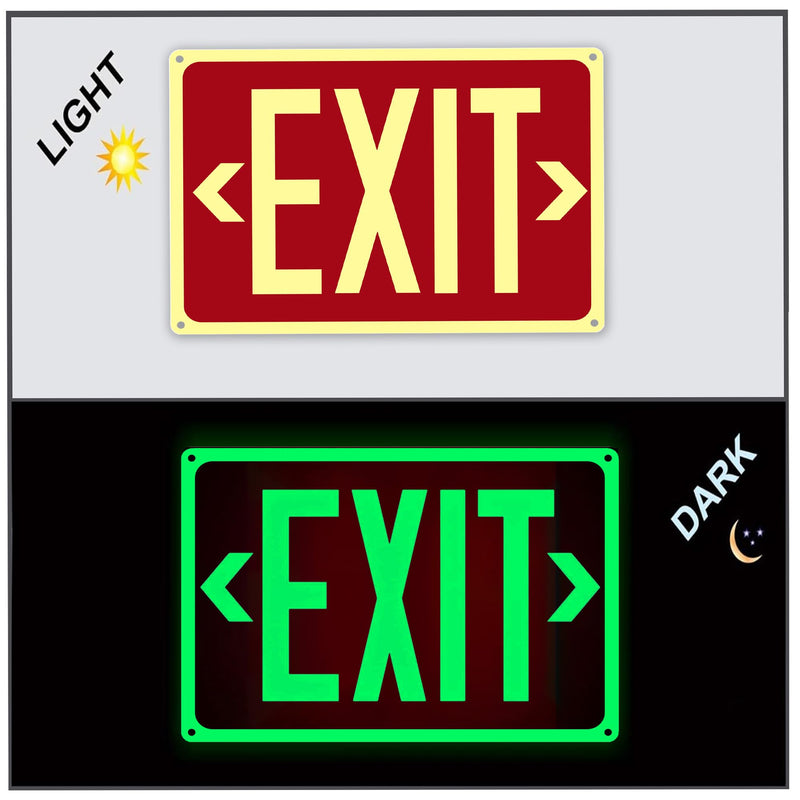 2Pack Photoluminescent Exit Sign Aluminum - 14x10 Inches Glow In Dark Exit Sign with Adhesive Backing - Removable Arrows Included - Non Electrical Red Exit Light For 50 Feet Visibility 14"X10"-2PACK
