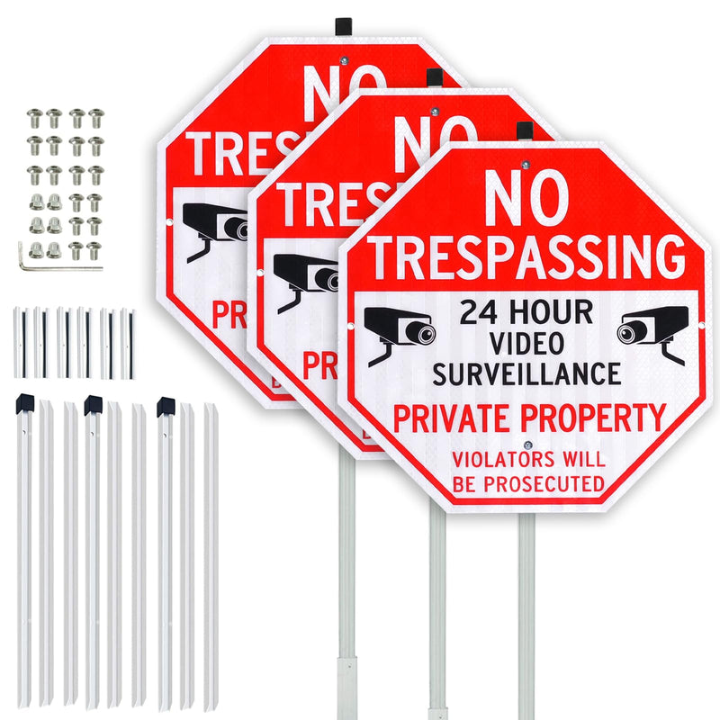 Large No Trespassing Signs Private Property Video Surveillance Sign with 42" Stake for Outside - 3 Pack - 12"x12" Engineering Grade Reflective Film, 050 Rust Free Aluminum, Reflective, Waterproof, Fade