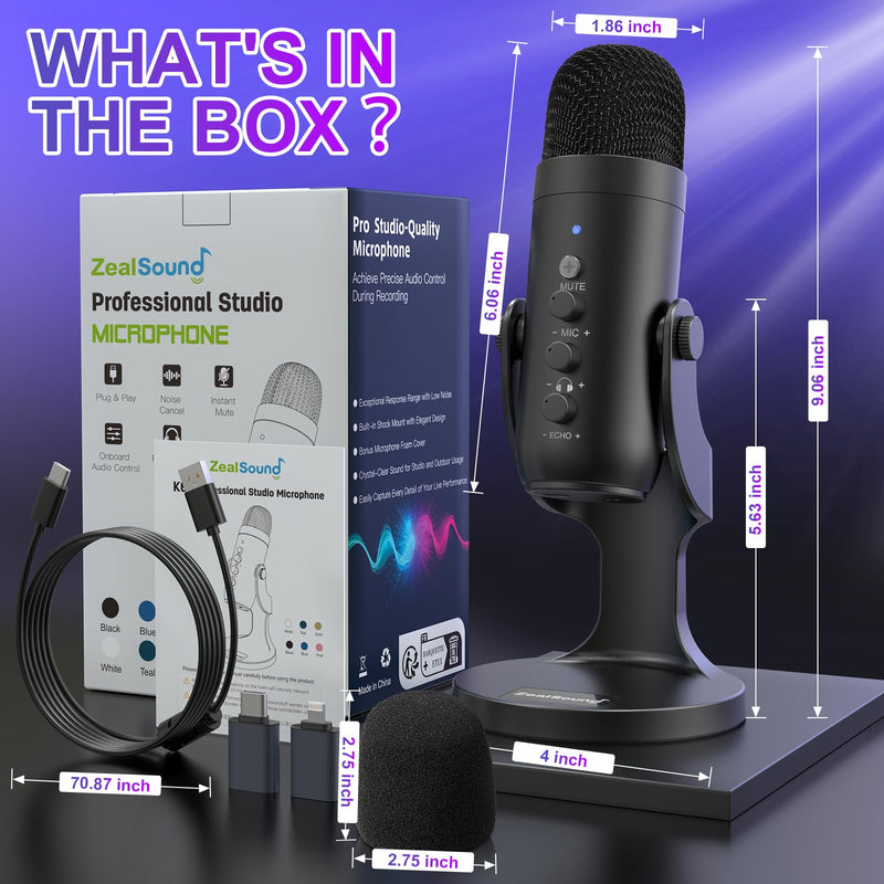 [Australia - AusPower] - ZealSound USB Microphone,Condenser Computer PC Mic,Plug&Play Gaming Microphones for PS 4&5.Headphone Output&Volume Control,Mic Gain Control,Mute Button Vocal,YouTube Podcast on Mac&Windows(Black) Black 