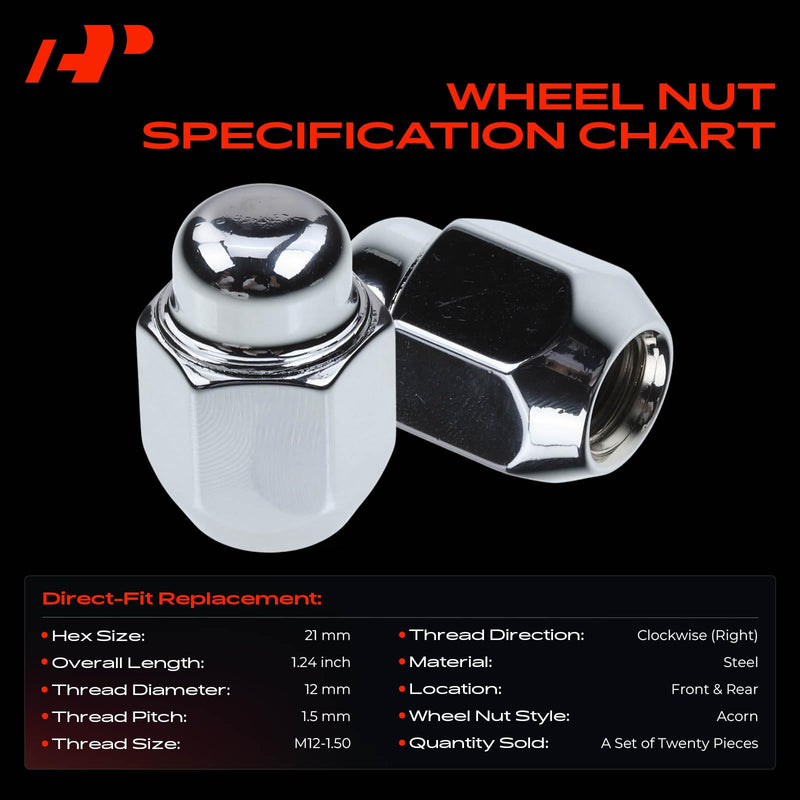 A-Premium Wheel Lug Nuts Compatible with Hyundai Santa Fe Sonata Accent Genesis Tiburon Tucson Kia Optima Sorento Sportage Spectra5 Rio5 20-PC Set 20 PCS