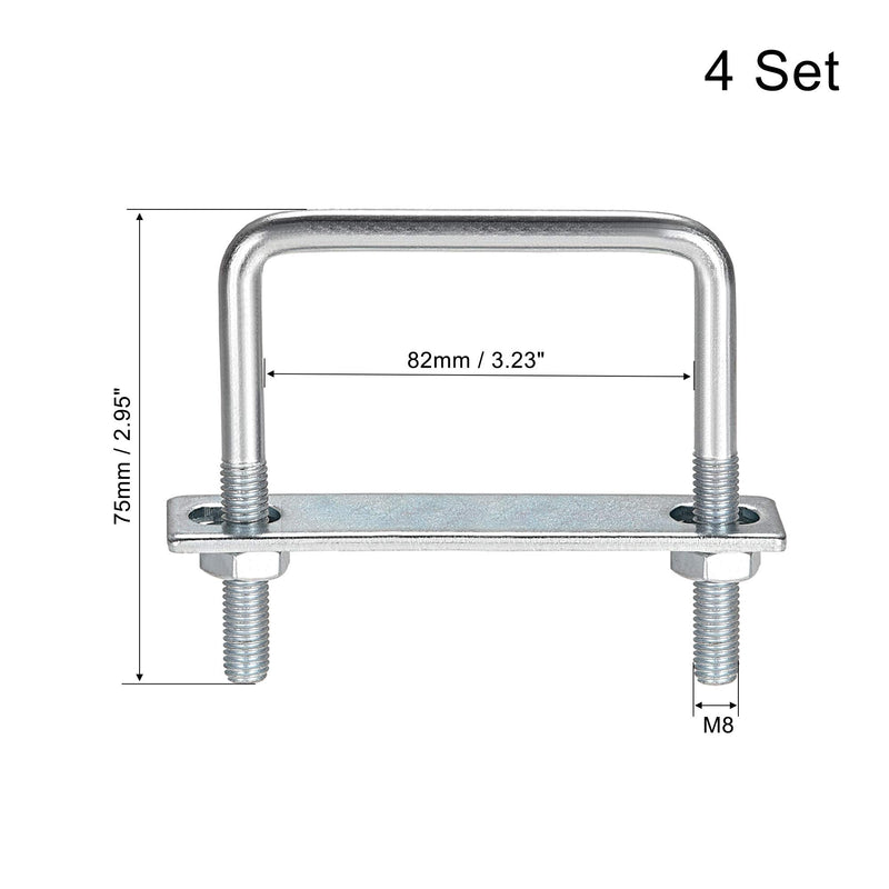[Australia - AusPower] - uxcell Square U-Bolts 3-1/4"(82mm) Inner Width Carbon Steel M8 with Nuts, Frame Plate, Round Washers 4 Set 82x75mm(W*L) 