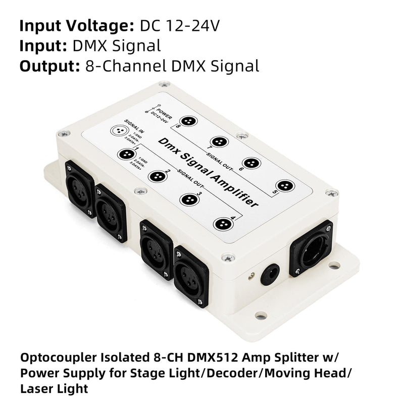 [Australia - AusPower] - RioRand DMX512 Signal Splitter Amplifier 3Pin, 1 Input 8 Channel Isolated DMX Distributor with Signal Indicator - Compatible with LED DMX Controller, 8 Channel DMX Decoder, DMX Opto Splitter 