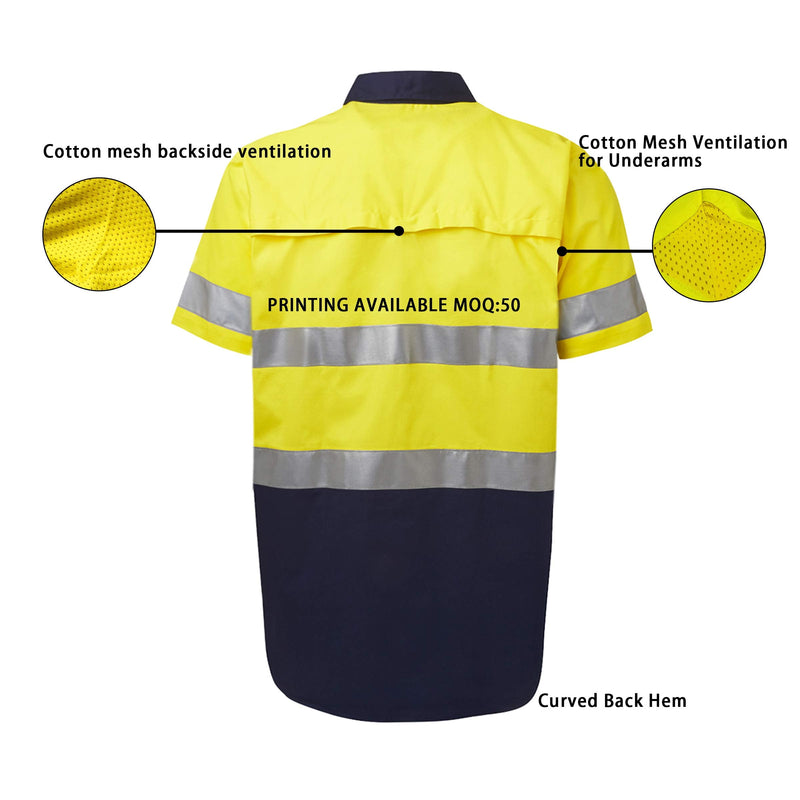 LANTERN FISH High Visibility Shirts Class 3 Reflective Men's Hi Vis Safety Cotton Shirt Lightweight for Construction Work Yellow/Navy Large