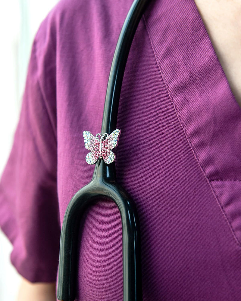 [Australia - AusPower] - 2 Pack AB Pink Butterfly Bling Stethoscope Charms, Stethoscope Id Name Tag for Doctor Nurse Christmas Gift ABPink Butterfly 