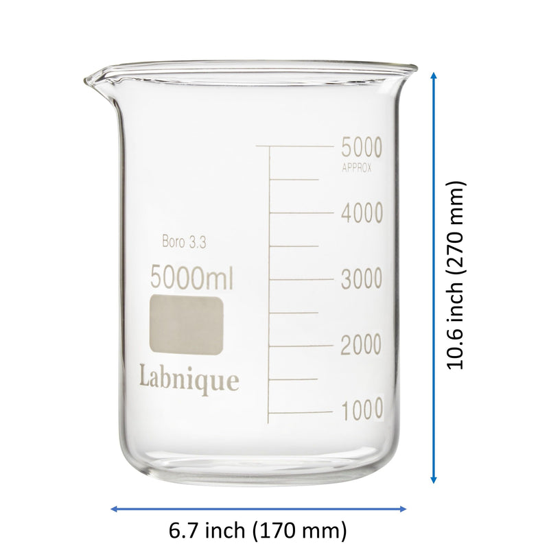 Labnique Large Borosilicate 3.3 Glass Griffin Beaker, Low Form with Printed Graduation (5000ml) 5000ml