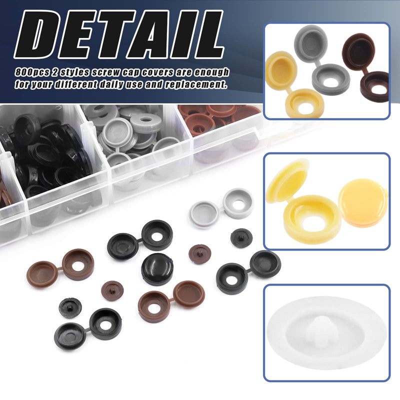 [Australia - AusPower] - Glarks 800Pcs 2 Styles 9 Colors Screw Cap Covers Assortment Kit, 300Pcs 4mm 5mm 6mm Hinged Screw Cover Caps Fold Screw Snap Covers Washer Flip Tops and 500Pcs Phillips Screws Head Hole Cap Covers Set 