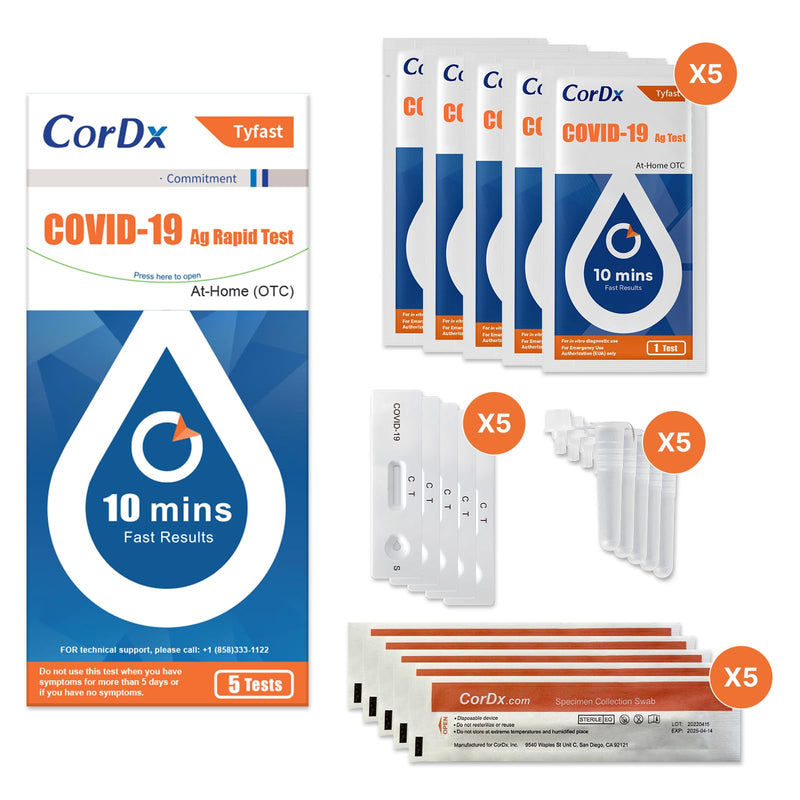 [Australia - AusPower] - CorDx TyFast at Home COVID 19 Antigen Rapid Test Kit, Easy, Accurate, Fast Results in 10 Minutes. (5-Pack) 5 