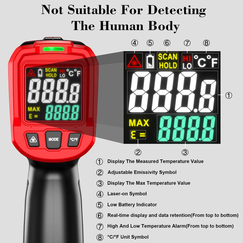 [Australia - AusPower] - FKM Infrared Thermometer Gun,Non Contact Laser Thermometer Gun for Industrial,HVAC,Engine,Kitchen Cooking,Digital IR Temperature Gun -58°F~1112°F(-50°C~600°C) Adjustable Emissivity,Not for Human Red(Upgrade screen display / -58°F~1112°F / 12:1) 
