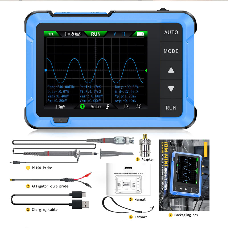 Pocket Oscilloscope 2in1, Upgrade Oscilloscope Signal Generator 10MHz Bandwidth, 48MS/s Sampling Rate, 13 Waveform, Data Transfer & Images Saving, Auto/Nomal/Single Trigger Function blue