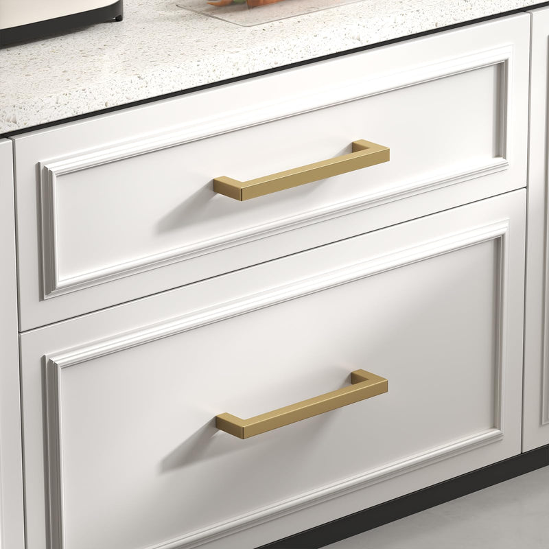 Goldenwarm 10 Pack 5 Inch (128mm) Champagne Bronze Cabinet Handles Square Drawer Pulls for Kitchen Cabinets Cupboard Dresser and Bathroom Vanity Hardware 5in Hole Centers