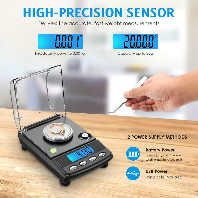 [Australia - AusPower] - AMIR 20g/0.001g Digital Milligram Scale, Precision Electronic Scale with 6 Units, USB & Battery Powered, Tare, Calibration Weights, Tweezers, Pocket Microgram Scale for Powder Medicine, Jewelry 