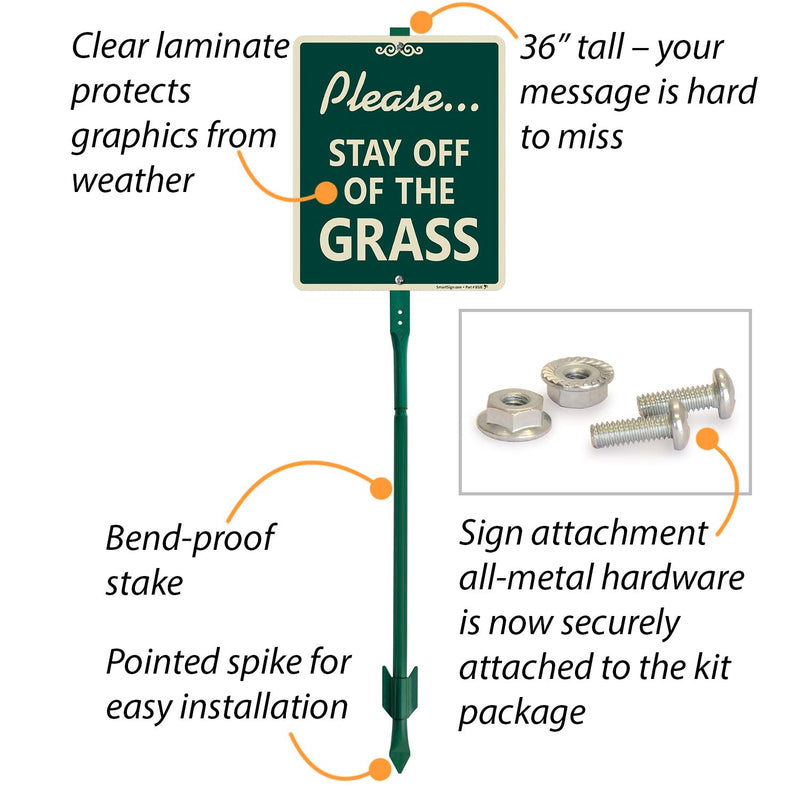 SmartSign 12 x 10 inch “Please Stay Off Of The Grass” LawnBoss Yard Sign with 3 foot Stake, 40 mil Laminated Rustproof Aluminum, White and Green, Set of 1