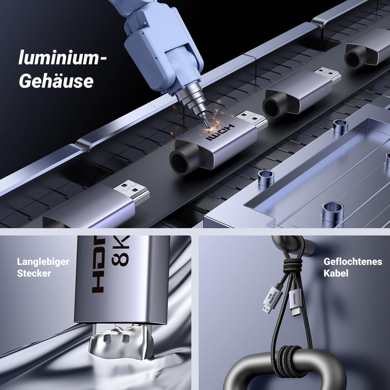UGREEN HDMI 2.1 Cable, 8K@60Hz, 4K@240Hz, HDMI Certified, 48Gbps, 2M | Aluminum Housing, Nylon Braid, HDR, eARC, VRR, ALLM, Dolby Atmos, Compatible with PS5, TV, PC, Laptop, Monitor, Projector 2.0 Meter