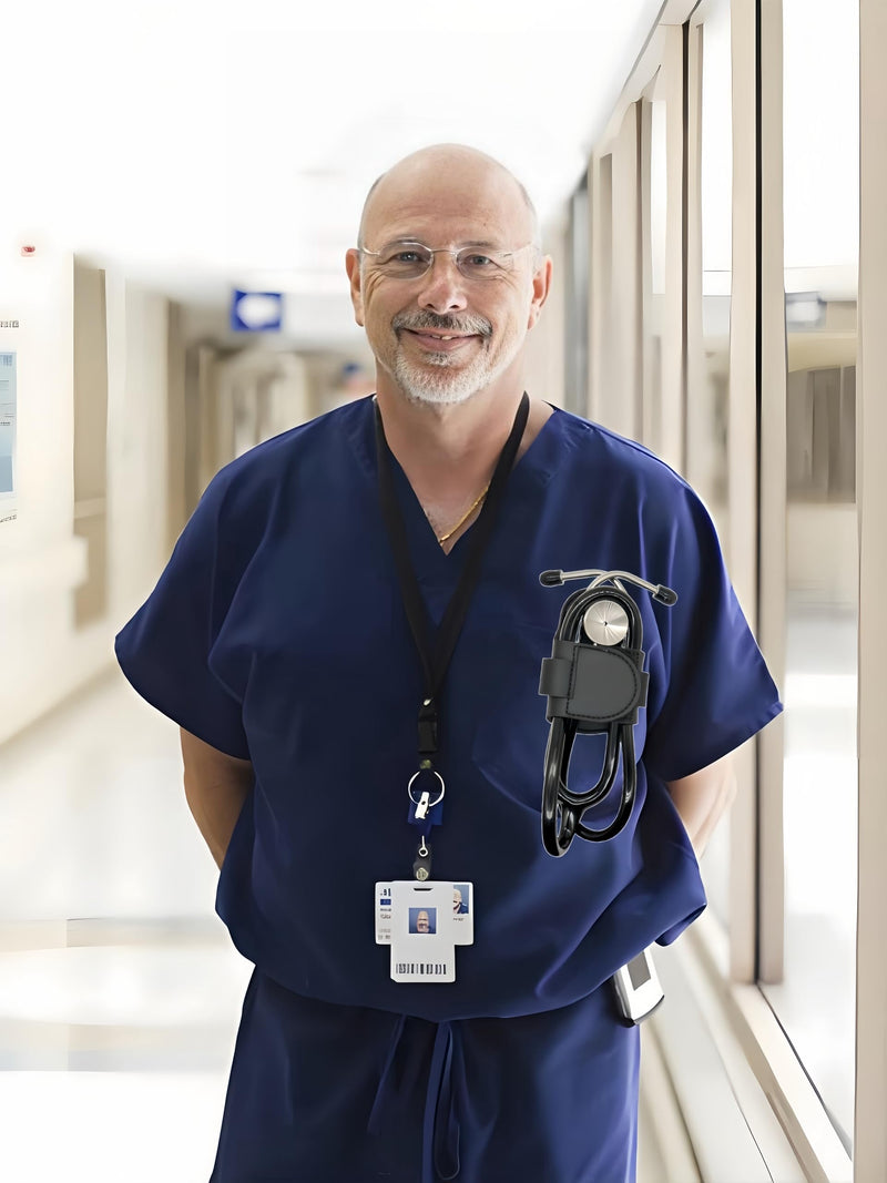 [Australia - AusPower] - 2 Pieces Stethoscope Holder Clip，Premium Leather Stethoscope Holder Hip Clip，Lightweight Portable Stethoscope Holster with Medical Flashlight Clip for Nurses Physicians (Black&Black) Black&Black 