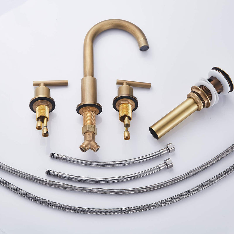 2-Handle Bathroom Faucet 3 Holes 360 Swivel Spout Antique Brass Widespread Bathroom Sink Faucet with Pop Up Drain Brass Antique