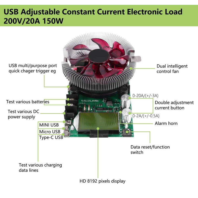 [Australia - AusPower] - Battery Load Tester, Battery Capacity Tester 150W 200V 20A USB Tester, Resistor Adjustable Constant Current Battery Testers for Manufacturers Digital Enthusiasts Engineers and Other Experimental 
