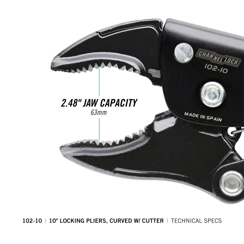Channellock Locking Pliers 102-10 - Curved Jaw, Wire Cutter, Epoxy Resin Coating, Forged Steel - 10 In 10" Curved Jaw Locking Pliers w/ Wire Cutter