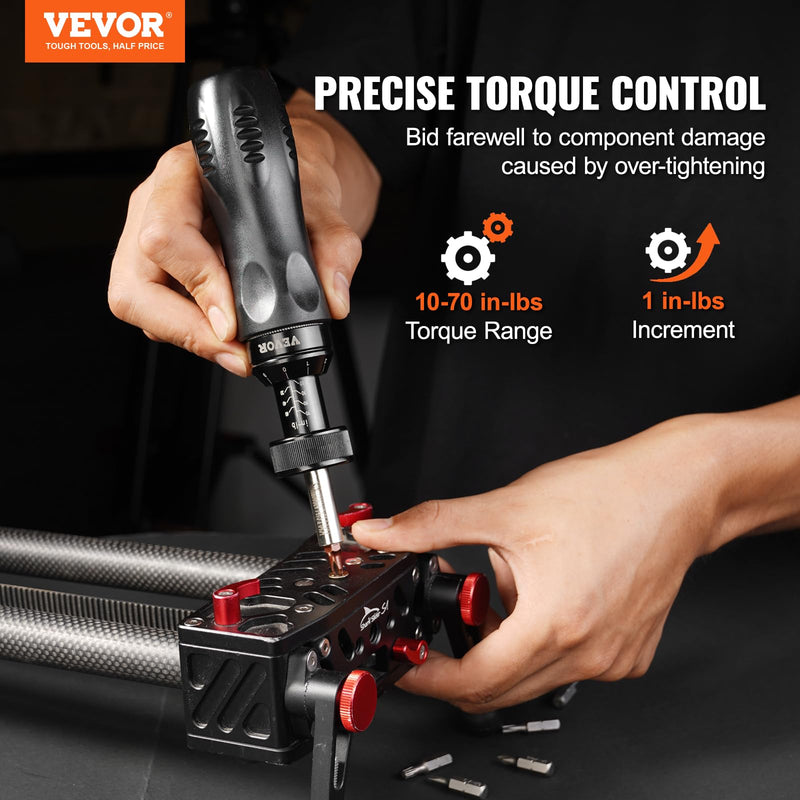 VEVOR 1/4" Drive Screwdriver Torque Wrench with Scale, 10-70 in/lbs Torque Range, 1 in-lbs Torque Increment Torque Screwdriver with Bits & Case Pro 10-70 in-lb
