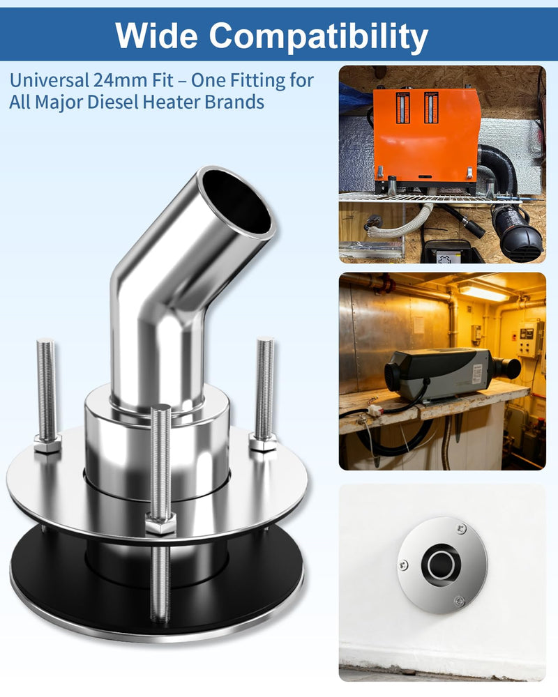Stainless Steel 316 Diesel Heater Exhaust Port, 24mm Diesel Heater Exhaust Pipe Thru Wall, Thru Hull Pipe Outlet for Diesel Heaters, Thru Hull Fittings for Boats, Trucks, Garage, Diesel Heaters-Angled Angled diesel heater port accessories