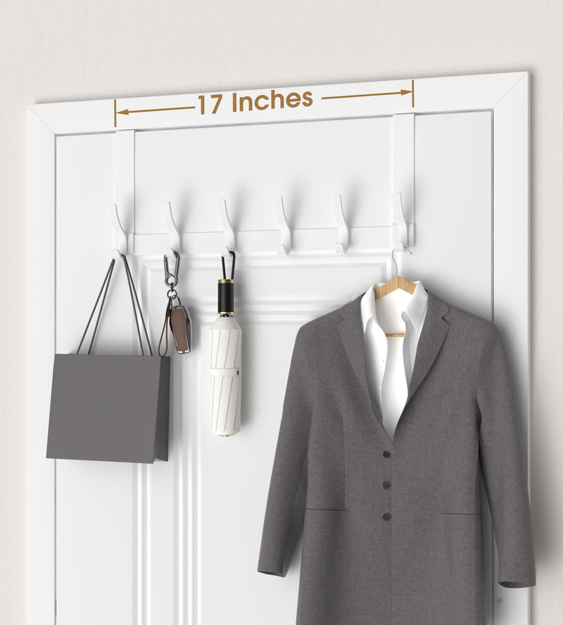 [Australia - AusPower] - KitchLife Over The Door Hooks Hanger with 7 inches Extended Arms, Tool-Free Assembly, Fits 1 3/8" Doors, F18U, Bathroom Towel Rack Organization, Thickened 6-Double Hook, Glossy White Fits 1 3/8" Doors with 7" Arms 