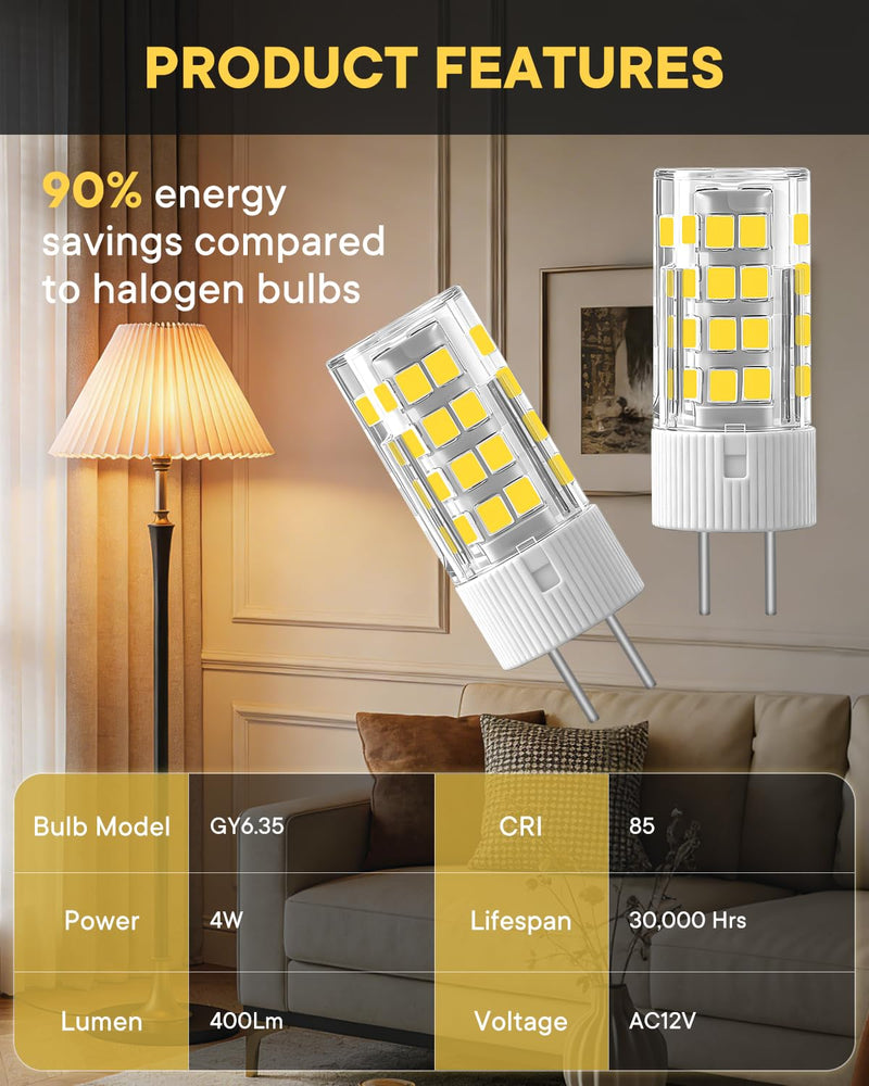Pack of 2 G6.35 LED 12 V 4 W Neutral White 4000 K, 400 LM Pin Base Lamp Replacement for 45 W Halogen, GY6.35 LED Bulb 12 V AC/DC Flicker-Free, CRI >85, Precise Light for Mirror Cabinet and Bathroom 2-pack Neutral White 4000k