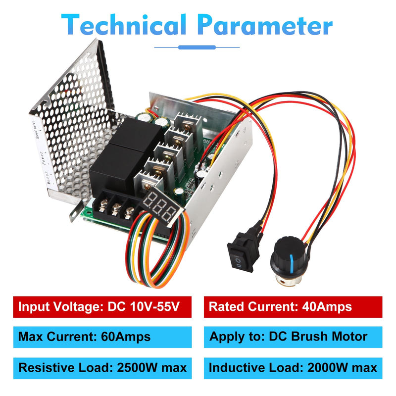 [Australia - AusPower] - PWM DC Motor Speed Controller, DC 10-55VRated 40A/Max 60A, LED Display Stepless DC Motor Speed Controller with Adjustable Potentiometer and Forward-Brake-Reverse Switch Standard 10-55V/60A 