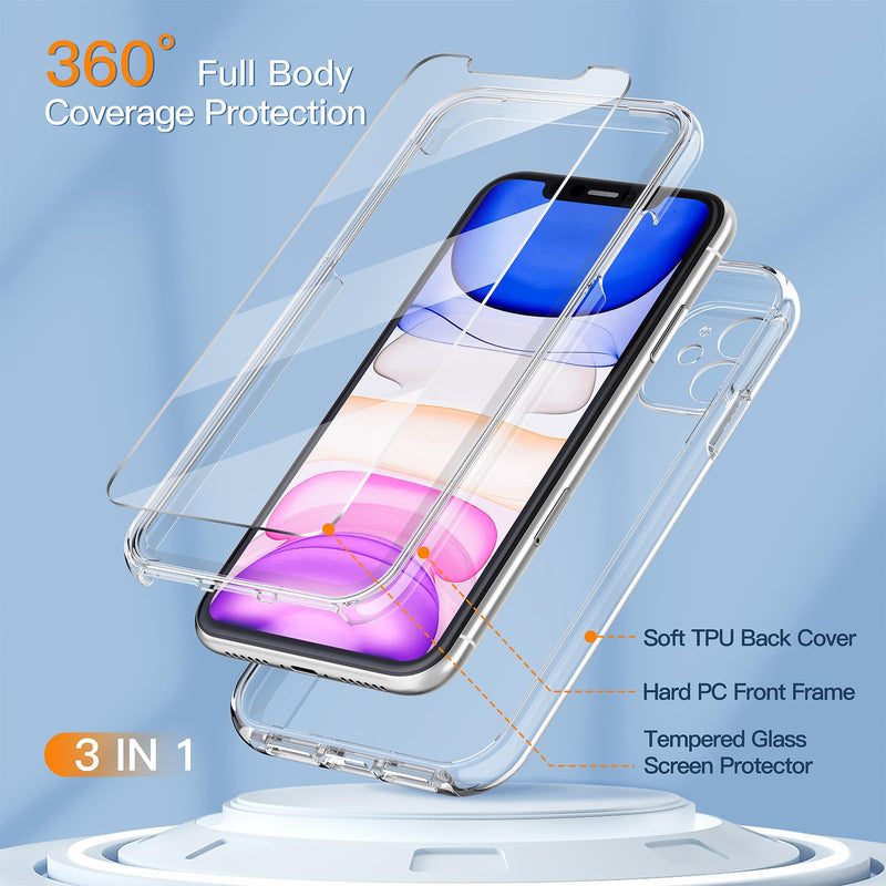 [Australia - AusPower] - COOLQO Compatible with iPhone 11 Case, and [2 x Tempered Glass Screen Protector] for Clear 360 Full Body Coverage Hard PC+Soft Silicone TPU 3in1 Shockproof Protective Phone Cover 111_Clear 6.1 Inch 