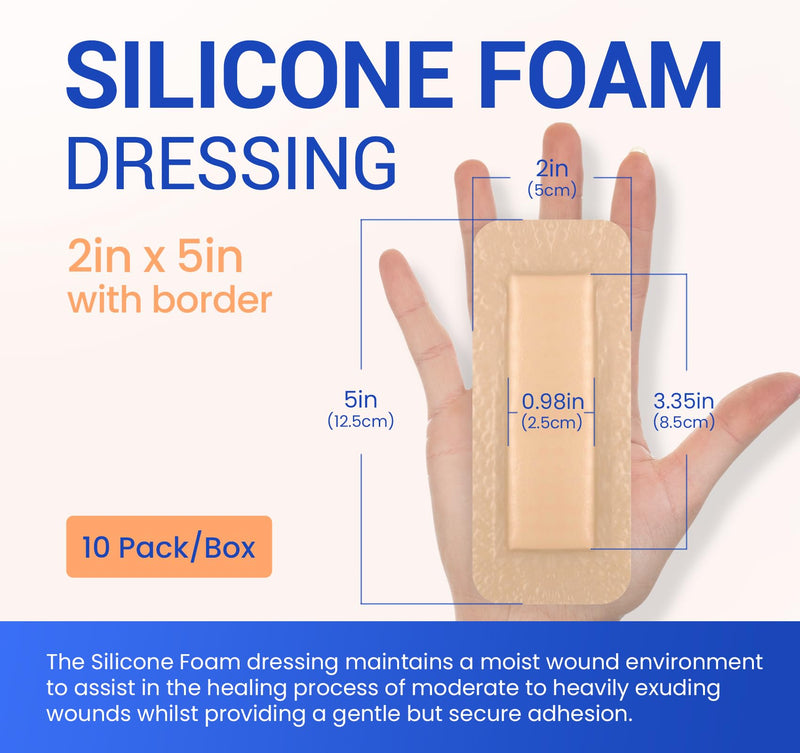 [Australia - AusPower] - Large Waterproof Bandages 2"X5" Silicone Foam Dressing for Sensitive Skin Wound Care, 10 Packs, Adhesive Cohesive Pad with Border for First Aid, Post Surgical and Trauma Care, Sore, Burn, Pressure 2"X5" (10 Packs) 