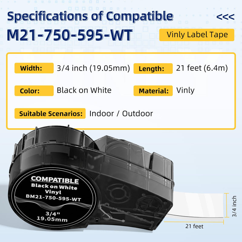 Compatible with M21-750-595-WT 3/4 inch Vinyl Industrial Labeling Tape Black on White High Adhesion, Work for M210, M211, BMP21-Plus, BMP21 LAB Printer, 0.75" W x 21' L, 2-Pack 3/4 inch (19.05 mm)