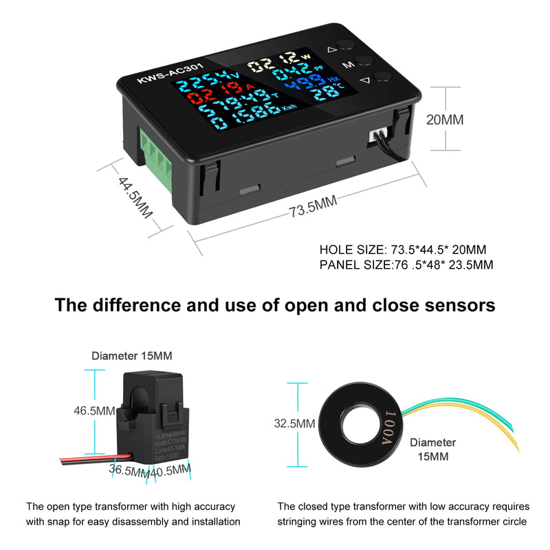 Digital Display AC Multimeter 50-300V 0-100A Current Voltmeter with Open Transformer 110V 220V 8 in 1 Multifunction Electric Meter Power Detector LCD Digital Display Tester Gauge Monitor 100A with Open Current Transformer