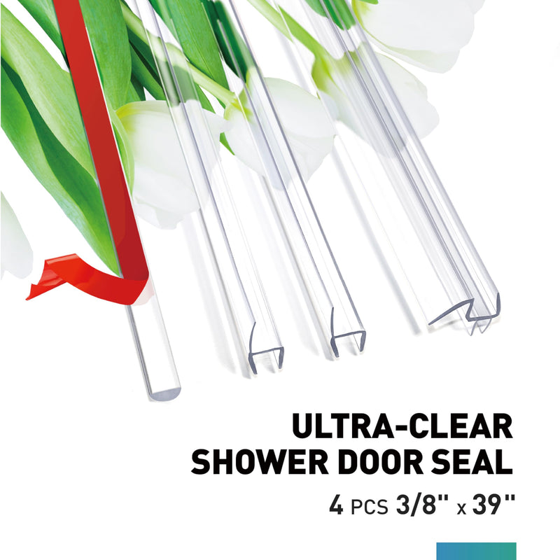 Shower Door Seal,4 PCS 3/8" x 39" Frameless Glass Door Side Seal and Shower Door Bottom Seal Door Sweep for 3/8 Inch Glass, Stop Shower Leaks Create a Water Barrier For 3/8" Glass-4PCSX 39"