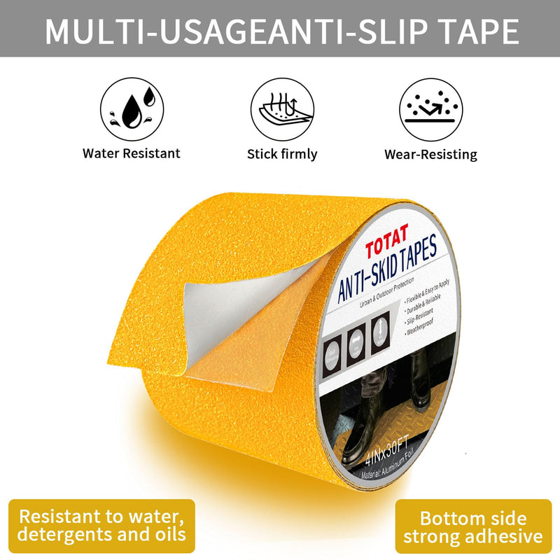 Heavy Duty Aluminum Foil Anti-Slip Tape 4" x30FT Yellow - Industrial Safety Grip for Warehouse Stairs, Pool Decks & High-Traffic Walkways - Waterproof Traction Tape 4 IN